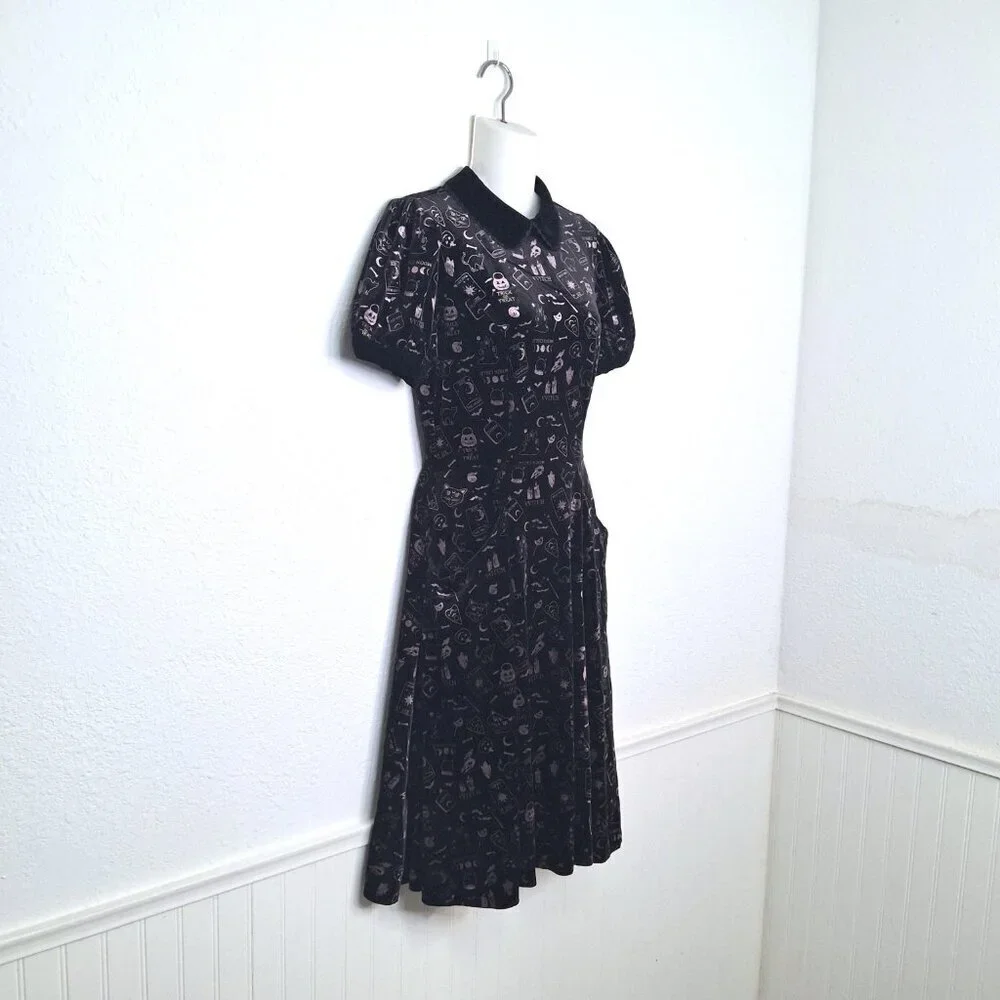 Collectif London Halloween Skater Dress Midi Sz S Velvet Novelty Print Pockets - Picture 3 of 16